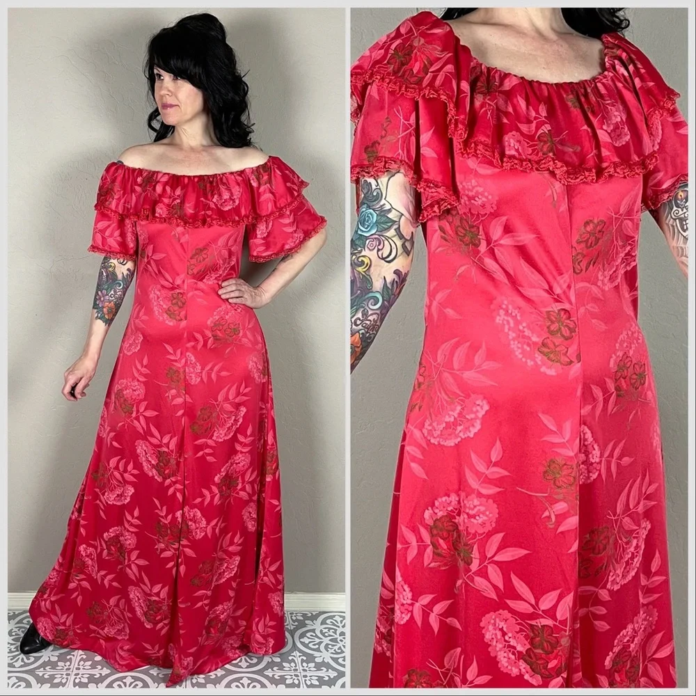 Vintage 60s/70s Handmade Pink Hawaiian Ruffle Maxi Dress - Picture 5 of 7